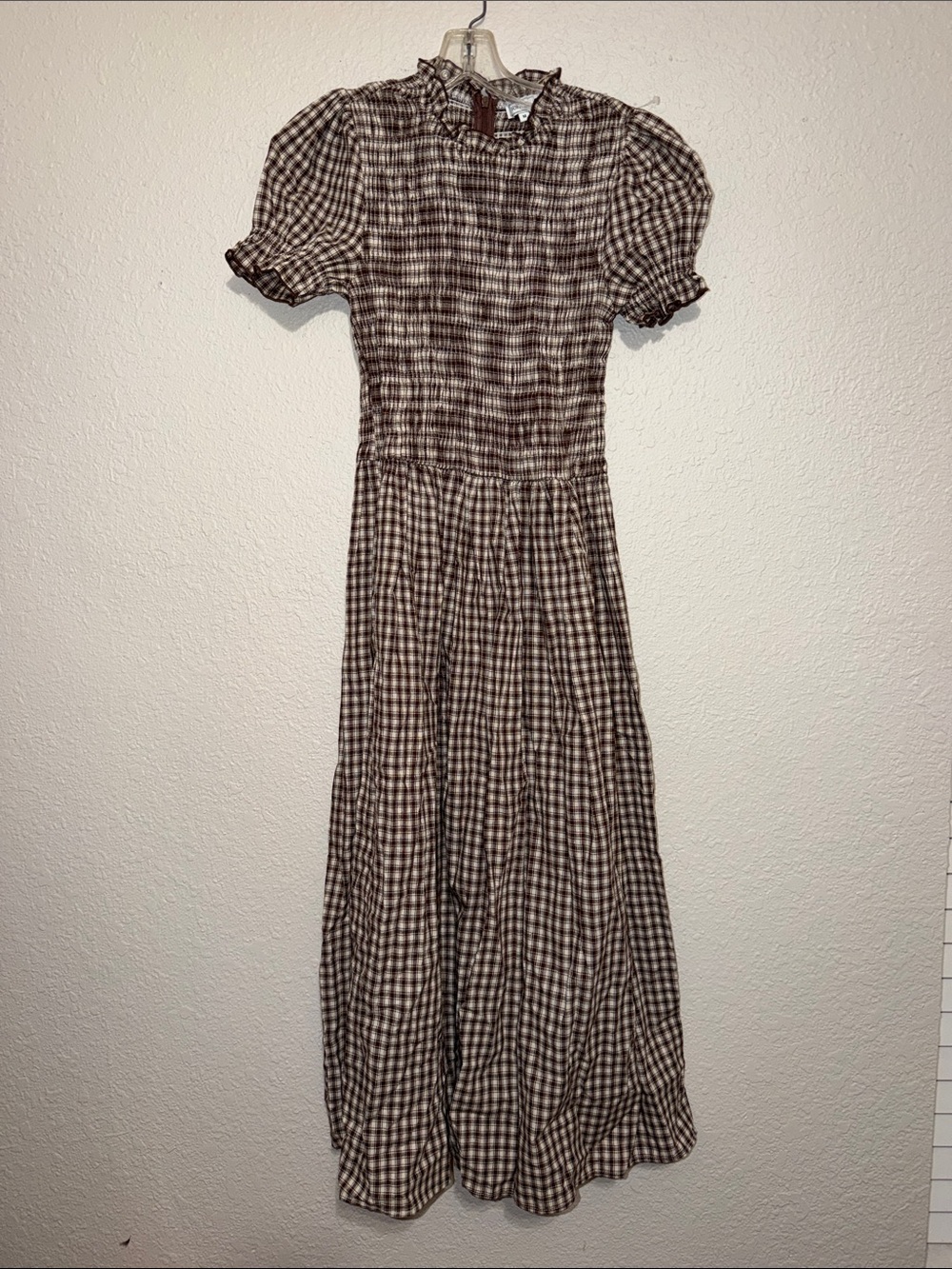 NEW Prairie style maxi length dress new with tags brown plaid check rouched